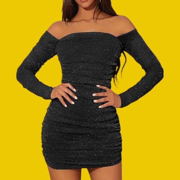 Moeencn Off-Shoulder Mesh Dress sparkly Square Collar Long Sleeve Ruched Xlarge - Picture 1 of 14